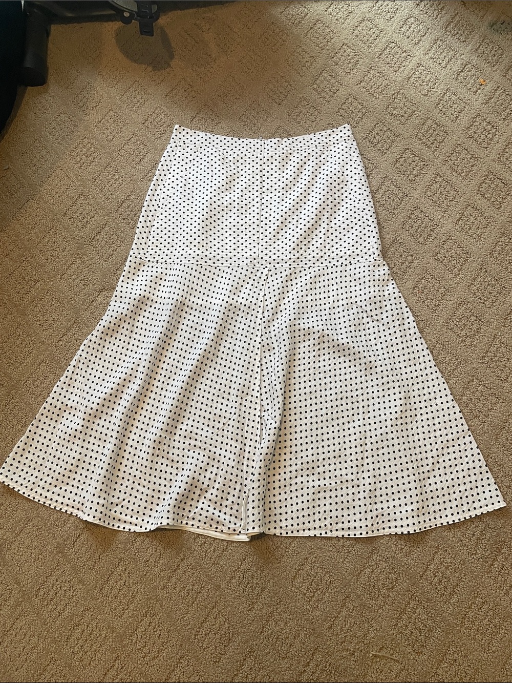 CAbi White A-Line Midi Skirt with Black Polka Dots